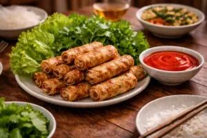 Bí Quyết Rán Nem Giòn Vàng Không Vỡ, Không Dính Chảo 4 Hình ảnh Nem rán vàng đều, ăn ngon khi dùng cùng tương ớt