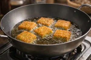 Cách Chiên Bánh Chưng Giòn Rụm 4 bánh chưng chiên trên chảo bầu quantum