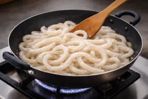 Cách Làm Mứt Dừa Non Dẻo Thơm, Ít Ngọt, Không Bị Chảy Nước Cho Ngày Tết 4 hình ảnh sên mứt dừa phải luôn đảo đều tránh cháy khét