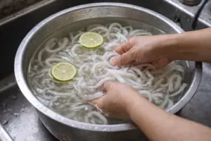 Cách Làm Mứt Dừa Non Dẻo Thơm, Ít Ngọt, Không Bị Chảy Nước Cho Ngày Tết 5 hình ảnh ngâm nước dừa để vệ sinh sạch sẽ dừa