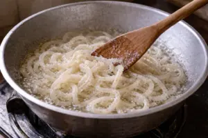 Cách Làm Mứt Dừa Non Dẻo Thơm, Ít Ngọt, Không Bị Chảy Nước Cho Ngày Tết 3 hình ảnh Sên mứt dừa non bằng chảo bầu sâu lòng để hạn chế cháy sát