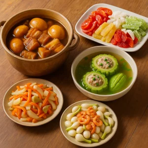 Món ăn ngày Tết miền Nam với thịt kho tàu, canh khổ qua nhồi thịt, củ kiệu tôm khô, dưa món và mứt Tết