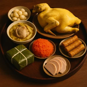 Mâm cỗ món ăn ngày Tết miền Bắc với bánh chưng, xôi gấc, gà luộc, nem rán, giò lụa, canh măng, dưa hành