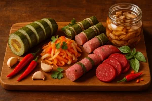 Bánh tét miền Trung ăn kèm dưa món, nem chua, thịt ngâm mắm, chả bò, tré trong mâm cỗ ngày Tết miền Trung