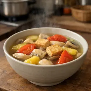 Cách Nấu Canh Chua Chay Thanh Đạm, Dễ Nấu Cho Bữa Cơm Gia Đình 1 Hình ảnh Canh chua chay thanh đạm với nấm, cà chua và thơm, nước trong dễ ăn