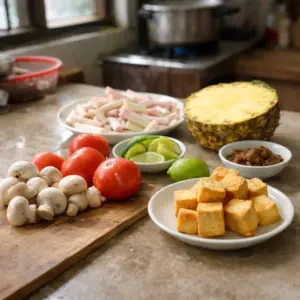 Cách Nấu Canh Chua Chay Thanh Đạm, Dễ Nấu Cho Bữa Cơm Gia Đình 2 Hình ảnh Nguyên liệu nấu canh chua chay gồm nấm, cà chua, thơm và đậu hũ