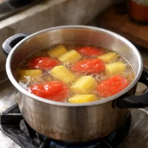 Cách Nấu Canh Chua Chay Thanh Đạm, Dễ Nấu Cho Bữa Cơm Gia Đình 3 Hình ảnh Nấu nước canh chua chay với cà chua và thơm ở lửa vừa