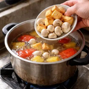 Cách Nấu Canh Chua Chay Thanh Đạm, Dễ Nấu Cho Bữa Cơm Gia Đình 4 Hình ảnh Cho nấm và đậu hũ vào canh chua chay theo đúng thứ tự nấu