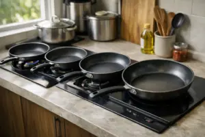 Hướng Dẫn Chọn Size Chảo Cho Gia Đình 1 Nhiều chảo nhôm anodized với các kích thước khác nhau đặt trên bếp gia đình Việt, ánh sáng tự nhiên từ cửa sổ