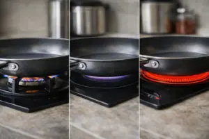 Hướng Dẫn Chọn Size Chảo Cho Gia Đình 2 Chảo đặt trên bếp gas, bếp từ và bếp hồng ngoại, thể hiện tiếp xúc đáy chảo với từng loại bếp.