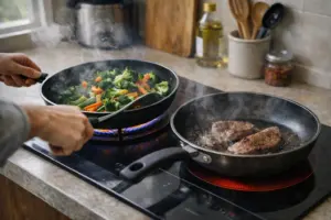 Hướng Dẫn Chọn Size Chảo Cho Gia Đình 3 Người đang xào rau trong chảo lớn và áp chảo thịt trong chảo nhỏ, hơi nước và chuyển động nấu ăn thực tế