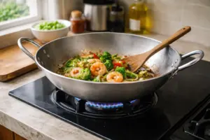 Hướng Dẫn Chọn Size Chảo Cho Gia Đình 4 Chảo nhôm anodized đang được sử dụng để xào thức ăn trên bếp gas trong không gian bếp gia đình Việt.