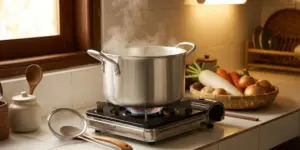 5 Bí Quyết Chuẩn Vị - Cách Hầm Xương Heo Ngọt Nước Trong 1 cách hầm xương heo ngọt nước dùng nồi nước dùng xương heo trong vắt đang sôi lăn tăn trên bếp gas gia đình Việt Nam