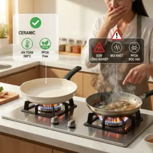 5 Dấu Hiệu Phân Biệt Chảo Chống Dính Thật Và Giả 2 so sánh 2 phản ứng của chảo thật và giả