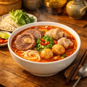 Cách Nấu Bún Bò Huế Chuẩn Vị Tại Nhà 1 cách nấu bún bò huế chuẩn vị nước trong và váng sa tế đỏ cam trên tô bún bò nóng hổi