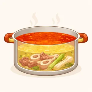 Cách Nấu Bún Bò Huế Chuẩn Vị Tại Nhà 2 cấu trúc 2 lớp nước dùng cốt trong và váng đỏ sa tế trong nồi hầm bún bò huế