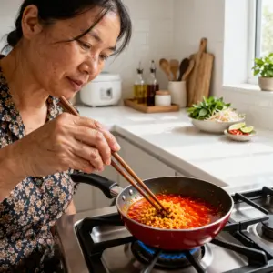 Cách Nấu Bún Bò Huế Chuẩn Vị Tại Nhà 3 người nội trợ đang phi sả tỏi và dầu điều tạo màu sa tế rực rỡ cho bún bò Huế