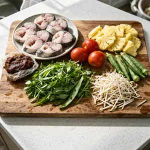 Cách Nấu Canh Chua Cá Lóc, Chuẩn Vị Nam Bộ 1 Nguyên liệu nấu canh chua cá lóc gồm cá tươi, me vắt, dứa, cà chua và rau nêm