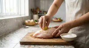 Cách Nấu Cháo Gà Nấm Rơm Mềm Sánh, Hạt Không Sượng 2 Người nội trợ đang dùng củ gừng đập dập và muối hạt chà xát mạnh làm sạch da gà trong bếp gia đình.