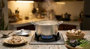 Cách Nấu Cháo Gà Nấm Rơm Mềm Sánh, Hạt Không Sượng 1 Nồi nhôm đáy bằng đang hầm cháo gà nấm rơm bốc khói trên bếp gas gia đình Việt.