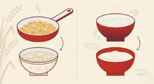 Cách Nấu Cháo Gà Nấm Rơm Mềm Sánh, Hạt Không Sượng 3 Biểu đồ so sánh hai cách sơ chế gạo nấu cháo gà: rang gạo vàng thơm và ngâm gạo trắng mềm.