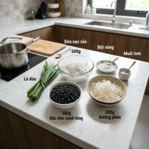 Cách Nấu Chè Đậu Đen Nước Cốt Dừa Mau Mềm, Không Sượng 2 Các nguyên liệu nấu chè đậu đen nước cốt dừa gồm đậu đen xanh lòng, đường phèn, dừa nạo, lá dứa, bột năng và muối tinh.