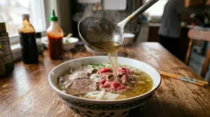 Cách Nấu Phở Bò Tại Nhà Nước Dùng Trong Thơm Quế Hồi 3 Chan nước lèo phở bò trong vắt đang sôi lên bát phở nạm tái