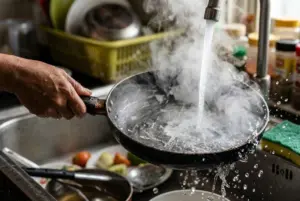 Chảo Chống Dính Bị Trầy Có Dùng Được Không? 3 Dấu Hiệu Nên Tránh 2 Sốc nhiệt khi một chiếc chảo nóng vừa nấu xong được đặt dưới vòi nước lạnh đang chảy, khói bốc lên nghi ngút.