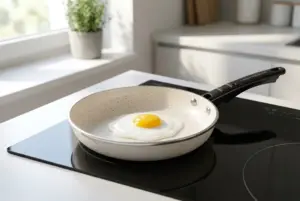 Chảo Chống Dính Bị Trầy Có Dùng Được Không? 3 Dấu Hiệu Nên Tránh 3 Chảo ceramic Kim Hằng màu trắng ngà mịn màng trên bếp từ, đang chiên một quả trứng ốp la hoàn hảo không bị dính.