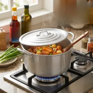 Nên Dùng Nồi Gì Để Kho Thịt Không Cháy? Hướng Dẫn Từ Kim Hằng 1 Nồi nhôm Kim Hằng hợp kim JIS 3003 kho thịt ba chỉ không bị cháy khét đáy nhờ khả năng truyền nhiệt đều.