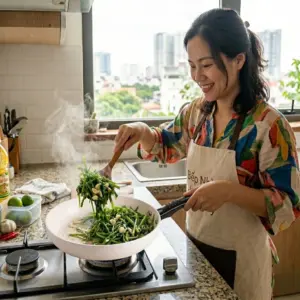 PFOA Là Gì? Cách Chọn Chảo Chống Dính An Toàn 2 Nấu ăn an toàn với chảo Ceramic Kim Hằng trong bếp gia đình Việt.