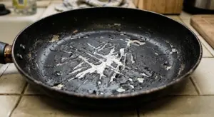 So Sánh Chảo Ceramic và Teflon - Lớp Phủ Nào An Toàn Hơn? 3 Chảo chống dính teflon bị xước sâu lộ lớp kim loại bên dưới cần thay mới.