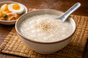 Cách Nấu Cháo Trắng Sánh Mịn, Nhanh Nhừ Bằng Nồi Nhôm 3 Bát cháo trắng nóng hổi sánh mịn đạt chuẩn ninh rục ăn kèm hột vịt muối và dưa món.