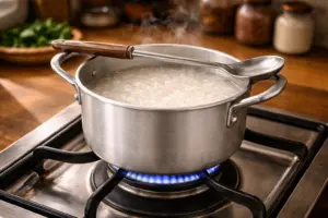 Cách Nấu Cháo Trắng Sánh Mịn, Nhanh Nhừ Bằng Nồi Nhôm 2 Mẹo gác muỗng canh chống trào cháo khi nấu bằng nồi nhôm trên bếp gas lửa nhỏ liu riu.