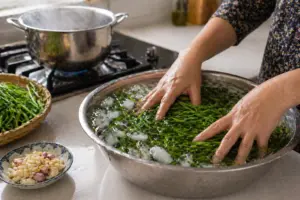 Cách Xào Rau Muống Xanh Giòn Không Bị Đen, Ngon Khó Cưỡng 2 Trụng rau muống với nước đá để xào giòn hơn