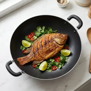 Cách Chiên Cá Vàng Giòn Không Dính Và Kỹ Thuật Xử Lý 2 Cá chiên giòn trong chảo chống dính đen chụp từ trên xuống với ớt, rau mùi và chanh