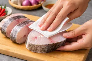 Cách Làm Cá Kho Tộ Đậm Đà Đúng Vị Nam Bộ 2 thấm khô cá lóc cắt khúc bằng giấy bếp trước khi ướp gia vị cá kho tộ không bị nát