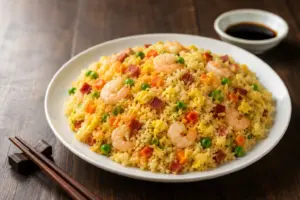 Cách Làm Cơm Chiên Dương Châu Hạt Tơi, Vàng Ươm | Kim Hằng 1 Đĩa cơm chiên Dương Châu thành phẩm hạt vàng ươm tơi rời với tôm, lạp xưởng, đậu Hà Lan và cà rốt