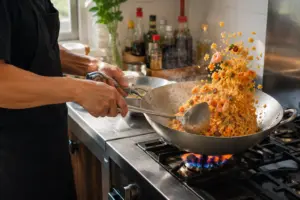 Cách Làm Cơm Chiên Dương Châu Hạt Tơi, Vàng Ươm | Kim Hằng 4 Đảo cơm chiên Dương Châu trong chảo bầu lòng sâu trên bếp gas lửa lớn tạo wok hei thơm đặc trưng