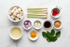 Cách Làm Đậu Hũ Chiên Sả Ớt Vàng Giòn Không Bể 1 Nguyên liệu làm đậu hũ chiên sả ớt gồm đậu hũ chắc, sả cây, ớt tươi, tỏi, hành tím, nước tương, bột nghệ và lá chanh.