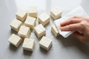 Cách Làm Đậu Hũ Chiên Sả Ớt Vàng Giòn Không Bể 2 Thấm khô hoàn toàn 6 mặt đậu hũ chắc bằng khăn giấy trước khi chiên để đậu không bể và không bắn dầu.