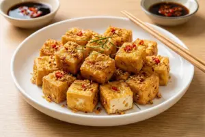 Cách Làm Đậu Hũ Chiên Sả Ớt Vàng Giòn Không Bể 3 Đĩa đậu hũ chiên sả ớt thành phẩm vàng giòn đều, sả ớt bám đều mặt ngoài, bên trong mềm mịn không khô