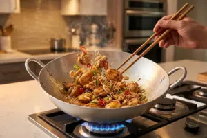 Cách Làm Gà Xào Sả Ớt Thơm Ngon, Thịt Săn Đậm Vị, Chuẩn Bếp Nhà 2 Xào gà sả ớt trên chảo bầu lửa lớn, thịt vàng săn, sả và ớt dậy mùi thơm