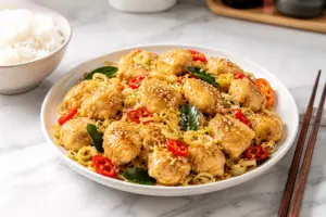 Cách Làm Gà Xào Sả Ớt Thơm Ngon, Thịt Săn Đậm Vị, Chuẩn Bếp Nhà 3 Đĩa gà xào sả ớt thành phẩm màu vàng óng, rắc vừng rang và tiêu, ăn kèm cơm trắng nóng