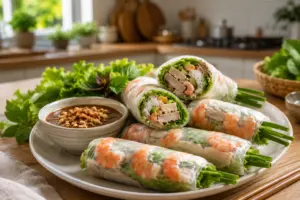 Cách Làm Gỏi Cuốn Tôm Thịt Ngon Tại Nhà 3 Gỏi cuốn tôm thịt Việt Nam ăn kèm nước chấm tương đen bơ đậu phộng trong không gian bếp hiện đại.