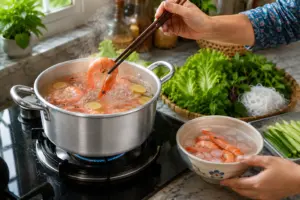 Cách Làm Gỏi Cuốn Tôm Thịt Ngon Tại Nhà 2 Luộc tôm làm gỏi cuốn trong nồi nhôm với gừng và nước đá để giữ độ giòn.