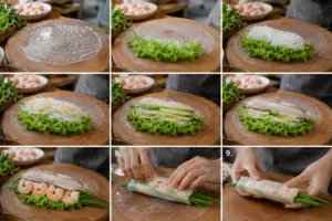 Cách Làm Gỏi Cuốn Tôm Thịt Ngon Tại Nhà 4 Các bước cuốn gỏi cuốn tôm thịt bằng bánh tráng với tôm, thịt, bún và rau sống.
