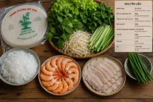 Cách Làm Gỏi Cuốn Tôm Thịt Ngon Tại Nhà 1 Nguyên liệu gỏi cuốn tươi ngon gồm tôm, thịt ba chỉ, rau sống, bún và bánh tráng bày trên bàn gỗ.