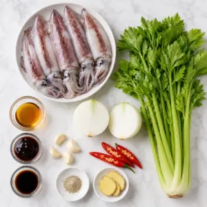 Cách Làm Mực Xào Cần Tây Giòn Dai, Không Ra Nước, Ngon Tại Nhà 1 Nguyên liệu làm mực xào cần tây gồm mực ống tươi, cần tây xanh, hành tây, tỏi, ớt sừng, dầu mè và dầu hào