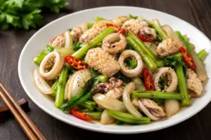 Cách Làm Mực Xào Cần Tây Giòn Dai, Không Ra Nước, Ngon Tại Nhà 3 Đĩa mực xào cần tây thành phẩm hạt cơm vàng ươm, mực cuộn đẹp giòn dai, cần tây xanh sáng không mất màu.